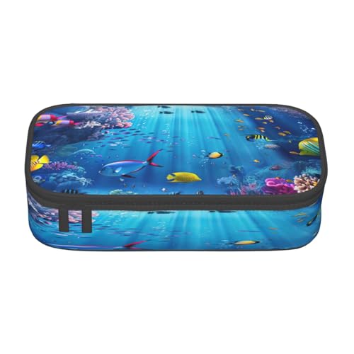 NBRIEU Federmäppchen mit buntem Ozean-Motiv, großes Fassungsvermögen, mehrere Fächer, Schreibwaren-Box, Schwarz, One Size, Drucken von NBRIEU