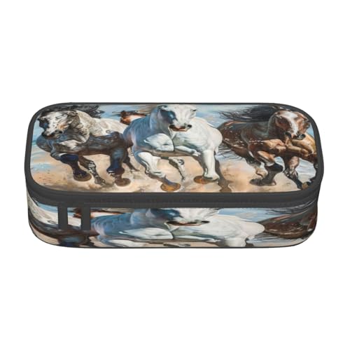 NBRIEU Federmäppchen mit großem Fassungsvermögen, Motiv: Pferde, laufender Kunstdruck, mehrere Fächer, Schreibwaren-Box, Schwarz, One Size, Drucken von NBRIEU