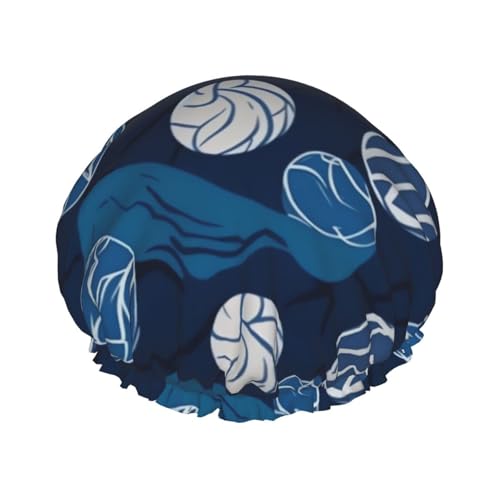 Blaue Volleyball-Duschhaube für Damen und Herren, verstellbare wiederverwendbare Duschhaube, doppellagig, wasserdichte Badekappen, EVA-Futter, elastisches Band, Haarkappe für alle Haarlängen von NBSKSDLK