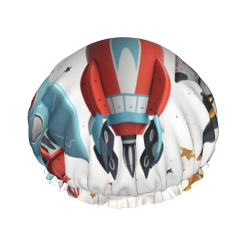 Cartoon Rockets Duschhaube für Damen und Herren, verstellbare wiederverwendbare Duschhaube, doppellagig, wasserdicht, Badekappen, EVA-Futter, elastisches Band, Haarkappe für alle Haarlängen Cartoon Rockets Duschhaube für Damen und Herren, verstellbare wiederverwendbare Duschhaube, doppellagig, wasserdicht, Badekappen, EVA-Futter, elastisches Band, Haarkappe für alle Haarlängen von NBSKSDLK