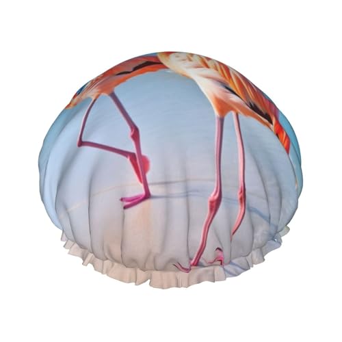 Flamingo am Strand Duschhaube für Damen und Herren, verstellbare wiederverwendbare Duschhaube, doppellagig, wasserdichte Badekappen, EVA-Futter, elastisches Band, Haarkappe für alle Haarlängen von NBSKSDLK