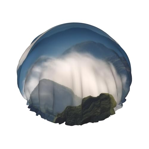 Landschaft mit Bergen und Wolken Duschhaube für Damen und Herren, verstellbare wiederverwendbare Duschhaube Doppellagige wasserdichte Badekappen, EVA-Futter, elastisches Band Haarkappe für alle von NBSKSDLK
