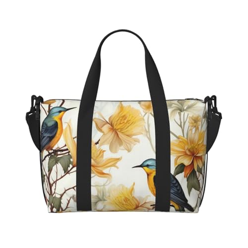 Reisetasche für Damen, große Schultertasche, Wochenendtasche, Sporttasche für Herren, Handgepäcktasche, gelbe Blumen und Vögel, Gepäcktasche für Reiseutensilien Reisetasche für Damen, große Schultertasche, Wochenendtasche, Sporttasche für Herren, Handgepäcktasche, gelbe Blumen und Vögel, Gepäcktasche für Reiseutensilien von NBSKSDLK