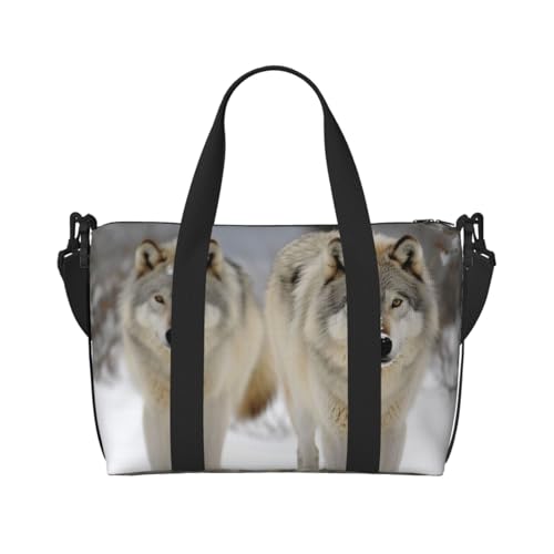 Reisetasche für Damen, große Schultertasche, Wochenendtasche, Sporttasche für Herren, Handgepäcktasche, zwei Wölfe, die im Schnee spazieren gehen, Gepäcktasche für Reiseutensilien Reisetasche für Damen, große Schultertasche, Wochenendtasche, Sporttasche für Herren, Handgepäcktasche, zwei Wölfe, die im Schnee spazieren gehen, Gepäcktasche für Reiseutensilien von NBSKSDLK