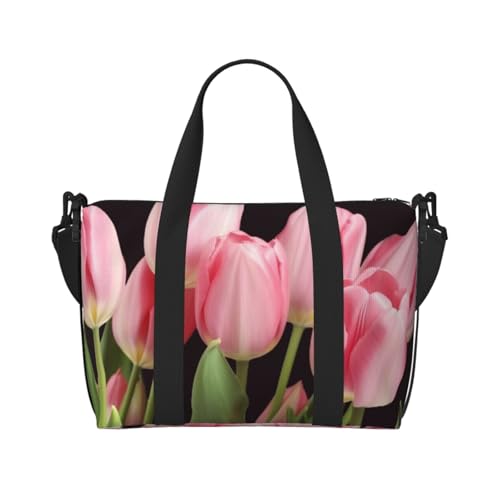Reisetasche für Damen, große Schultertasche, Wochenendtasche, Übernachtungstasche, Sporttasche für Herren, Tragetasche, rosa Tulpen, Gepäcktasche für Reiseutensilien Reisetasche für Damen, große Schultertasche, Wochenendtasche, Übernachtungstasche, Sporttasche für Herren, Tragetasche, rosa Tulpen, Gepäcktasche für Reiseutensilien von NBSKSDLK