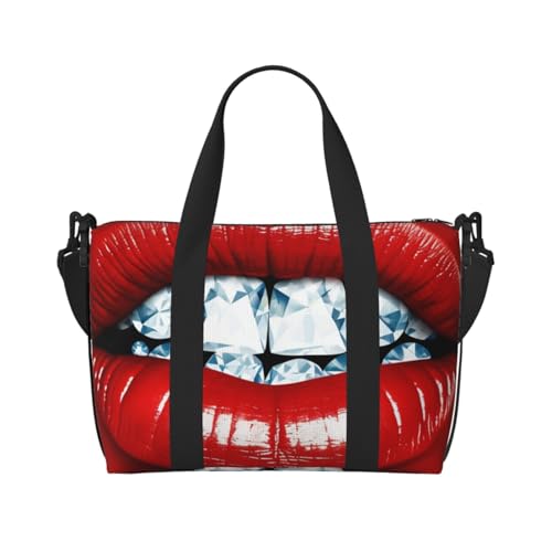 Reisetasche für Damen, große Schultertasche, Wochenendtasche, Übernachtungstasche, Sporttasche für Herren, Tragetasche, rote Lippen mit Diamant-Gepäcktasche für Reiseutensilien von NBSKSDLK