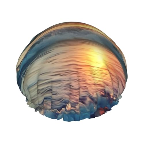 Sunset Seaside Duschhaube für Damen und Herren, verstellbare wiederverwendbare Duschhaube, doppellagig, wasserdichte Badekappen, EVA-Futter, elastisches Band, Haarkappe für alle Haarlängen von NBSKSDLK