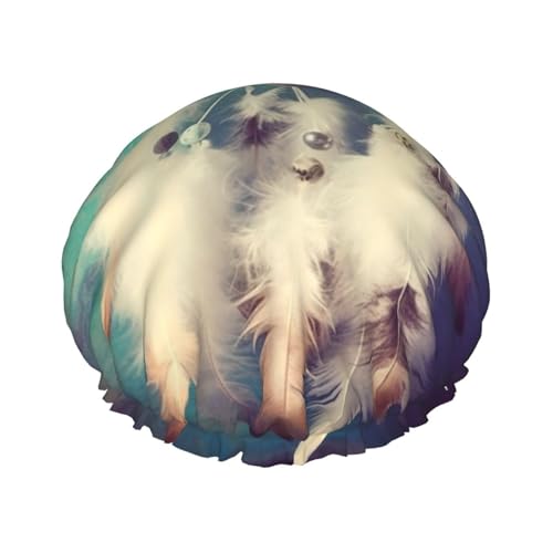 Weiße Traumfänger-Feder-Duschhaube für Damen und Herren, verstellbare wiederverwendbare Duschhaube, doppellagig, wasserdichte Badekappen, EVA-Futter, elastisches Band, Haarkappe für alle Haarlängen von NBSKSDLK