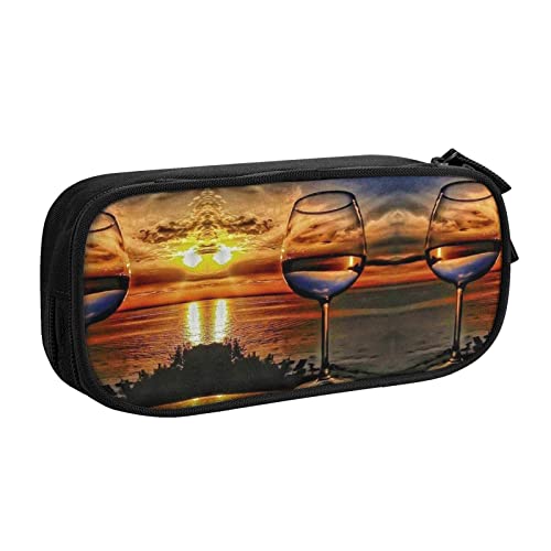 NBSNGSLS Federmäppchen mit Sonnenuntergangs-Weinglas-Druck, stilvolles Federmäppchen – organisieren Sie Ihre Schreibwaren mit Eleganz, Schwarz , Einheitsgröße, Kinderrucksack von NBSNGSLS