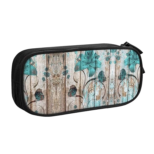 NBSNGSLS Federmäppchen mit blaugrünen Blumen auf Holzplanken-Druck, stilvolles Federmäppchen – organisieren Sie Ihre Schreibwaren mit Eleganz, Schwarz , Einheitsgröße, Kinderrucksack von NBSNGSLS
