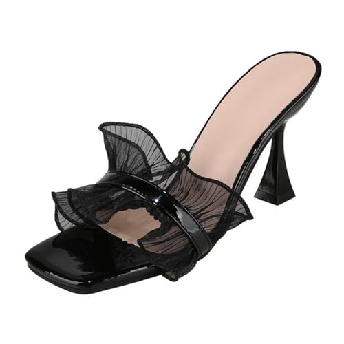 NBTOICDAS Damen-Sandalen mit niedrigem, offenem, quadratischem Zehenbereich, Slip-On-Absatz, bequeme Pantoletten, Abschlussball- und Partykleid-Schuhe(Color:Black,Size:35 EU) von NBTOICDAS