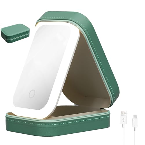 Make-up Tasche mit Spiegel,3 Farben LED Licht, Tragbar Reise Kosmetiktasche mit Spiegel,Wiederaufladbar Schminktasche mit Spiegel und licht Damen (Grün) von NBVNBV