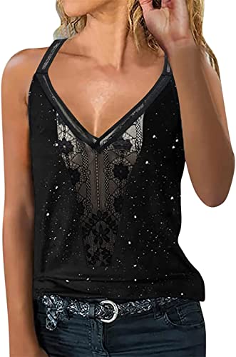 NBZZ Damen Glitzer Tank Tops V Ausschnitt Tank Glitzer Häkelspitze Patch Sexy Unterhemd Spaghettiträger Oberteil Party Sparkle Trägershirt Blusen Top von NBZZ