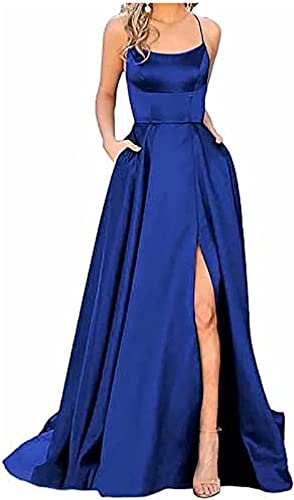 NBZZ Damen Lange Ballkleider Elegant A-Linie Abendkleider Criss-Cross Satin Spaghetti Cocktailkleid Party Prom Dress Seitenschlitz Hochzeit Abendparty Kleid mit Taschen von NBZZ