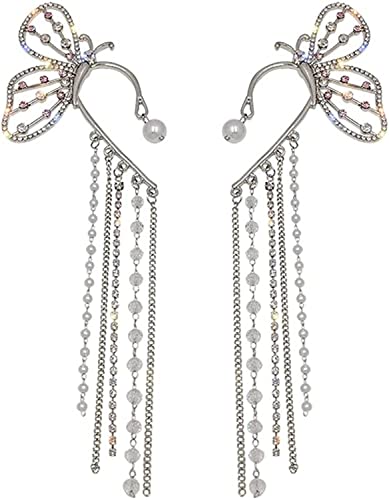 NBZZ Schmetterling Quaste Ohrringe Glänzender Zirkon-Schmetterlings-Ohrclips Lange Blumen-Quasten-Ohrringe Frauen Ohr Knochen Clip Kein Piercing Ohrclip (06-1pairs) von NBZZ
