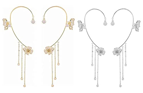 NBZZ Schmetterling Quaste Ohrringe Glänzender Zirkon-Schmetterlings-Ohrclips Lange Blumen-Quasten-Ohrringe Frauen Ohr Knochen Clip Kein Piercing Ohrclip (Gold+Silber-2 pairs) von NBZZ