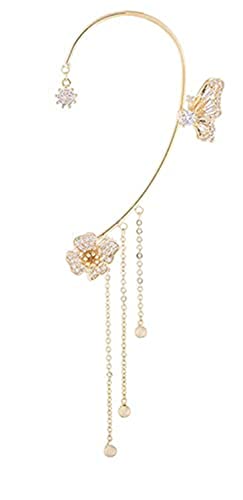 NBZZ Schmetterling Quaste Ohrringe Glänzender Zirkon-Schmetterlings-Ohrclips Lange Blumen-Quasten-Ohrringe Frauen Ohr Knochen Clip Kein Piercing Ohrclip (linkes Ohr-Gold) von NBZZ