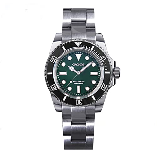 Cronos Upgrade Diver Luxus Herrenuhren Edelstahl PT5000 Armband Keramik drehbare Lünette 200 Meter wasserdicht Glide Lock Verschluss, Grünes Zifferblatt, schwarze Lünette, Taucher von NC