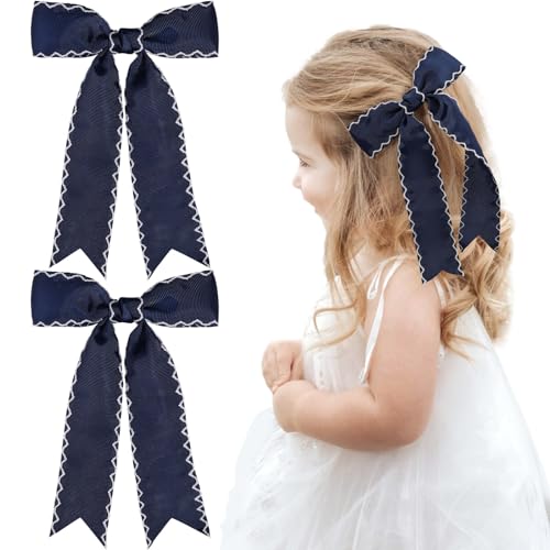 NCMAMA 2 x marineblaue Schleifen für Mädchen, Ripsband, Krokodil-Haarspangen, Haar-Accessoires für Mädchen, Teenager, Kinder, Kleinkinder, mit langem Schwanz von NCMAMA