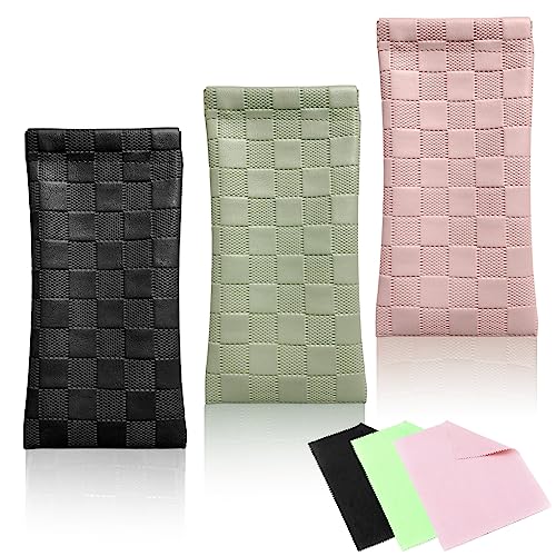 NCOALE 3 Stück PU Leder Brillen etui Schutzhülle mit 3 Stück Brillenputztuch, Tragbar Quetschoberteil Brillentasche Brillen Sonnenbrille Aufbewahrungsetui (Schwarz, Grün, Rosa) von NCOALE
