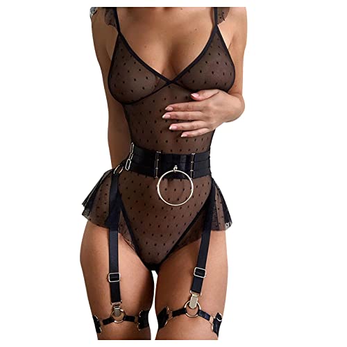 Damen Dessous Frauen Negligee Womens Mesh Patchwork einteiliges Kleid Set BH Höschen Anzug mit einem großen Hals Taille Beinband 5 Set Sexy Unterwäsche Underwear Sleepwear Sexy (01-Schwarz, M) von NCQiFei