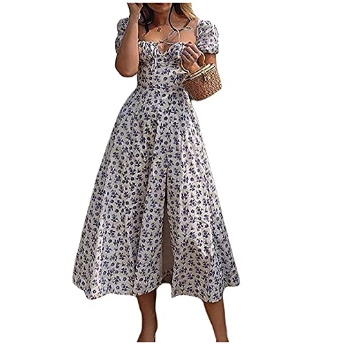 Damen Kleider Sexy Schulterfrei Blumen Sommerkleid Hohe Taille Lange Strandkleid Puffärmel Lässiges Kleider Elegant Boho Frauen Sommer Blumendruck Kleid Kordelzug Maxikleid mit Schlitz (01-Blue, S) von NCQiFei