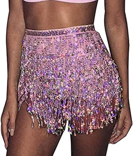 Damen Rock Pailletten Quasten Rock Karneval Kostüm Rave Rock Bauchtanz Kostüm Bauchtanz Mini Rock Hüftschal, Festival Rave-Outfit für Frauen und Mädchen (Pink, One Size) von NCQiFei