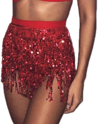 Damen Rock Pailletten Quasten Rock Karneval Kostüm Rave Rock Bauchtanz Kostüm Bauchtanz Mini Rock Hüftschal, Festival Rave-Outfit für Frauen und Mädchen (Red, One Size) von NCQiFei