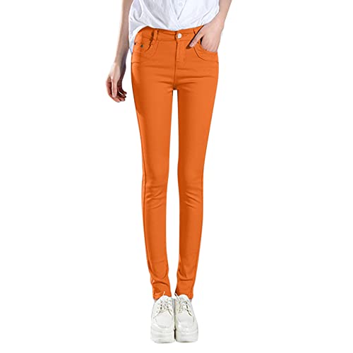 Damen Stretch Hose Jeans Elastisch High Waist Slim Fit Lässiger hohe Taille Basic Denim Hosen Leggings mit Taschen Freizeithose Push Up Sporthose Yoga Scrunch Butt Booty Fitnesshose (Orange, XL) von NCQiFei