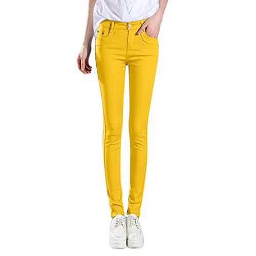 Damen Stretch Hose Jeans Elastisch High Waist Slim Fit Lässiger hohe Taille Basic Denim Hosen Leggings mit Taschen Freizeithose Push Up Sporthose Yoga Scrunch Butt Booty Fitnesshose (Yellow, XXL) von NCQiFei