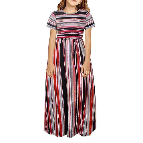 Lang Kleid Mädchen Kinder Kleidung Kleinkind Kurzarm LangarmStreifen Maxikleid Lange Kinder Casual Sommer T-Shirt Kleid Sommerkleid Blusenkleid Oberteil Mädchen 2~12 Jahre von NCQiFei