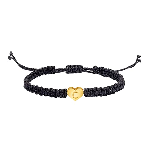 NCQiFei Armband 26 Buchstaben Pärchenarmband Partnerarmband Schwarz Personalisiert Geflochtene Handgefertigt mit Gold Herz Initialen für Paare Geschenk für Männer, Frauen, Mädchen (C, One Size) von NCQiFei