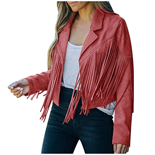 NCQiFei Damen Quaste Jacke Langarm Slim Lederjacke mit Fransen, Classic Mantel Frauen Herbst Winter Fransenjacke Wildlederoptik Freizeit Übergangsjacke Motorradjacke Kurz Jacket Outwear (Orange, L) von NCQiFei