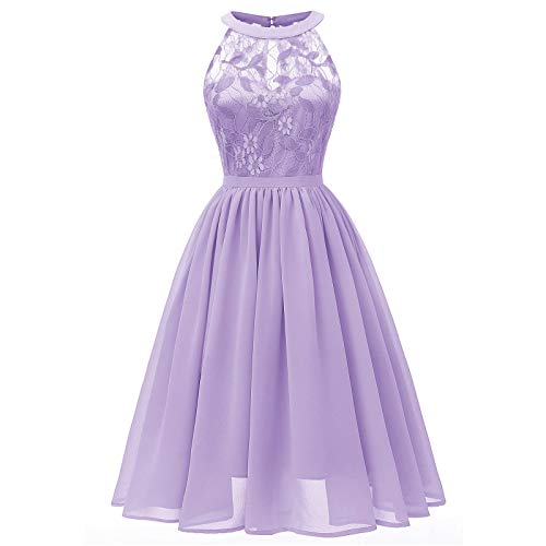 NCQiFei Damen Spitzenkleid Brautjungfer Elegant Party Knielang Cocktailkleid Chiffon Abendkleider Cocktailkleider Ärmellos Rund Ausschnitt aus Spitzen Knielange Rockabilly Ballkleid (Lila, M) von NCQiFei