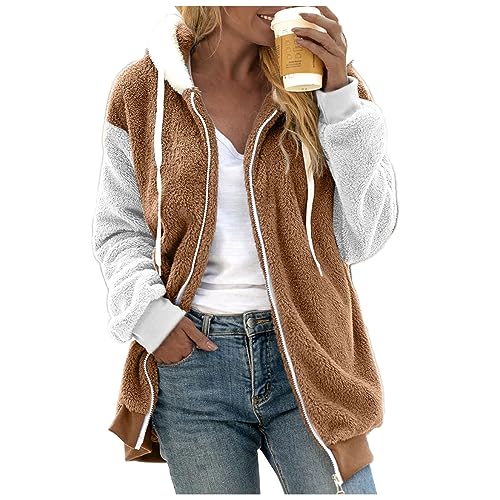 NCQiFei Hoodie Damen PlüSchjacke Wintermantel Kapuzenpullover Teddy-Fleece Pullover Winterjacke Herbst Winter Warm Oberteil Langarm Einfarbig Casual Sweatshirt (01-Khaki, XXXXXL) von NCQiFei