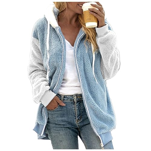 NCQiFei Hoodie Damen PlüSchjacke Wintermantel Kapuzenpullover Teddy-Fleece Pullover Winterjacke Herbst Winter Warm Oberteil Langarm Einfarbig Casual Sweatshirt (01-Sky Blue, XXL) von NCQiFei