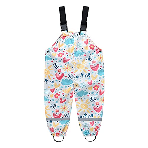 NCQiFei Unisex Kinder Regenlatzhose Regenhose wasserdichte Atmungsaktiv Buddelhose Regenbekleidung Matschhose mit Hosenträgern für Mädchen Jungen Outdoorhose Schlamm Einteilige Jumpsuit (Weiß, 110) von NCQiFei