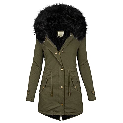 Winter Parka Mantel Jacke Dicker Warmer Lange Baumwolljacke mit Fell wasserdichte Schwarz Fleecejacke Kapuzenwindjacke Langarmjacke Funktionsjacke Kapuzenpullover Übergangsjacke (Armeegrün, XL) von NCQiFei