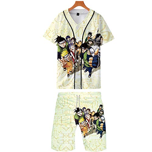 NCTCITY Baseball T-Shirts und Strandshorts Set Sommer Japanische Anime 3D Digitaldruck Tops mit Knopf und Kurze Hose Anzug Oberteile Sport Hemd + Badehose Set Uchiha Sharingan Ninja von NCTCITY