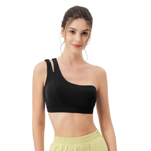 NCTCITY Damen One Shoulder Sport BH Gepolstert Bustier Elastische Büstenhalter Workout Bra Ohne Bügel Crop Tops Mittelstarkem Yoga Bralette Fitness Unterwäsche für Lauf Joggen Trainning von NCTCITY