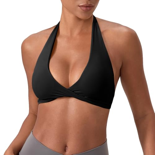 NCTCITY Damen Sport BH Neckholder Bustier Elastische Büstenhalter ohne Bügel V-Ausschnitt Workout Bra Rückenfrei Twist vorne Tanktops Abnehmbar Gepolstert Yoga BH von NCTCITY