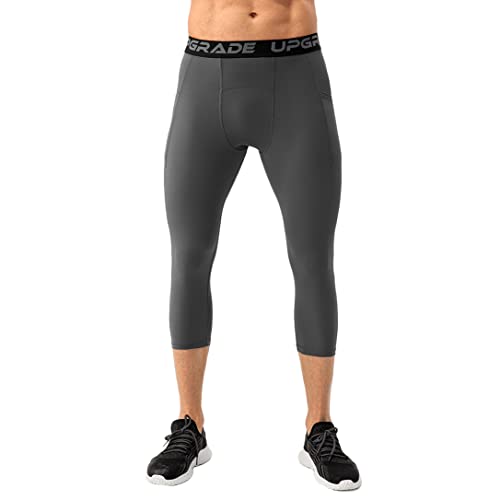 NCTCITY Herren Baselayer Leggings mit Taschen 3/4 Sporthose Laufhose Elastische Kompressionshose Fitness Atmungsaktiv Tights Jogginghose Lange Unterhose Funktionsunterwäsche für Wandern Gym von NCTCITY