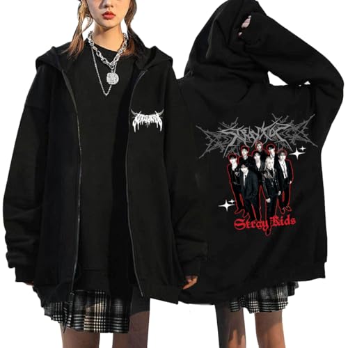 NCTCITY Kapuzenjacke Y2K E-Girl Zip Up Hoodies Freizeit Streetwear Sweater Top Stray Kids Dominate World Tour süßes Cartoon-Tier Gedruckt Harajuku Jacke Sweatshirt Schwarz von NCTCITY