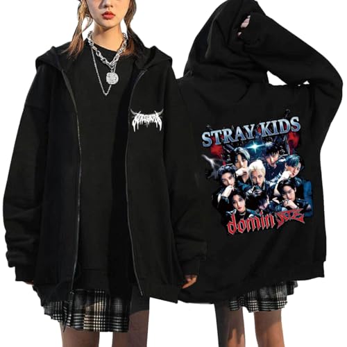 NCTCITY Kapuzenjacke Y2K E-Girl Zip Up Hoodies Freizeit Streetwear Sweater Top Stray Kids Dominate World Tour süßes Cartoon-Tier Gedruckt Harajuku Jacke Sweatshirt Schwarz von NCTCITY