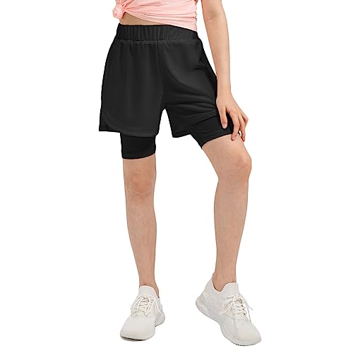 NCTCITY Kinder Mädchen Running Shorts 2 in 1 Laufshorts Fitness Athletic Shorts Workout Sport Yoga Jogginghose Doppellagige Radlerhose Atmungsaktive Schnell Trocknende Bottom mit Innentaschen von NCTCITY