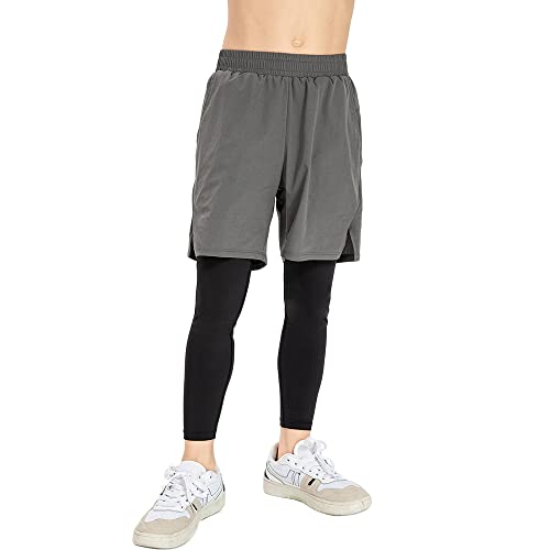 NCTCITY Kinder Sport Shorts Legging 2 in 1 Kompressionshose Laufshorts Leicht Kurz Sporthose Schnelltrocknende Trainingsshorts Atmungsaktiv Running Fitnesshose mit Tasche Basketballhose von NCTCITY