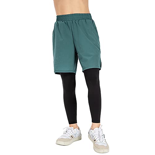 NCTCITY Kinder Sport Shorts Legging 2 in 1 Kompressionshose Laufshorts Leicht Kurz Sporthose Schnelltrocknende Trainingsshorts Atmungsaktiv Running Fitnesshose mit Tasche Basketballhose von NCTCITY