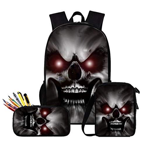 NCTCITY Rucksack + Umhängetasche + Federmäppchen Totenkopf 3D Druck Student Daypack, Messenger Bags und Bleistift Beutel Kosmetiktasche Reiseorganizer Reise Schultasche Laptoptasche von NCTCITY