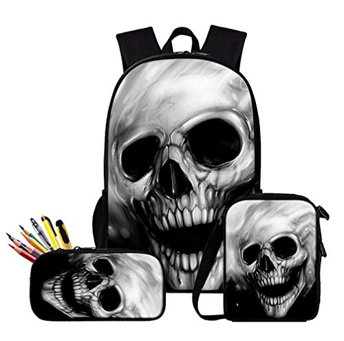 NCTCITY Rucksack + Umhängetasche + Federmäppchen Totenkopf 3D Druck Student Daypack, Messenger Bags und Bleistift Beutel Kosmetiktasche Reiseorganizer Reise Schultasche Laptoptasche von NCTCITY