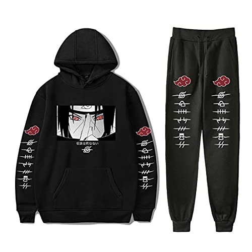 NCTCITY Trainingsanzug 2 Stück Bekleidungsset Kapuzenpullover Hoodie Top + Lange Hose Harajuku Sportanzug Anime Drucken Jogginganzug Mit Tasche Uchiha Sharingan Ninjia von NCTCITY